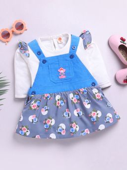 Hopscotch - Girls Grey and White Floral Print Full-Sleeve Casual Dress with T-Shirt