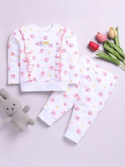 Hopscotch - Girls White and Pink Kitty Print Cotton T-Shirt and Joggers Set