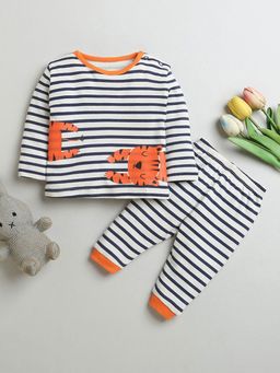 Hopscotch - Boys White and Black Stripe Print Cotton T-Shirt and Pyjama Set