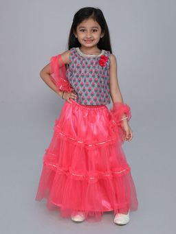 Hopscotch - 2-Piece Floral Print Lace Embellished Blouse and Lehenga with Dupatta