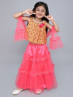 Hopscotch - 2-Piece Floral Print Lace Embellished Blouse, Lehenga with Dupatta