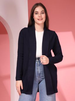 Juelle - Navy Blue Long Sleeves Open Front Longline Wool Shrug