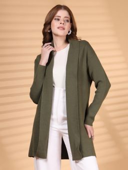 Juelle - Olive Long Sleeves Open Front Longline Wool Shrug