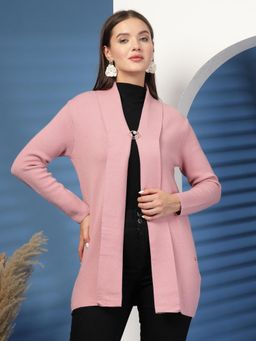 Juelle - Pink Long Sleeves Open Front Longline Wool Shrug
