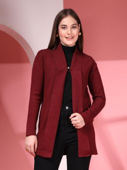 Juelle - Maroon Long Sleeves Open Front Longline Wool Shrug