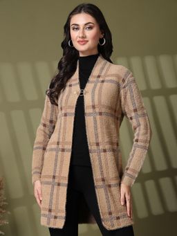 Juelle - Beige Checked Open Front Long Sleeves Longline Shrug