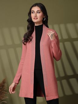 Juelle - Pink Self Design Open Front Long Sleeves Longline Shrug