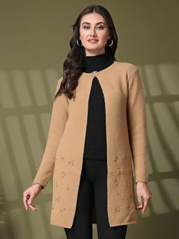 Juelle - Beige Embroidered Open Front Longline Shrug