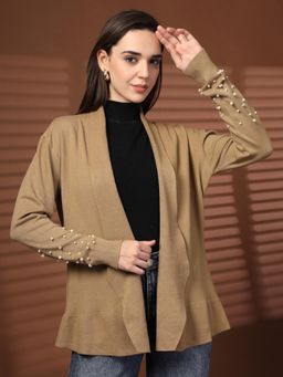 Juelle - Beige Embroidered Open Front Long Sleeves Shrug
