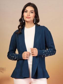 Juelle - Teal Embroidered Open Front Long Sleeves Shrug