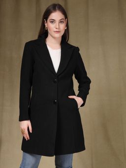 Juelle - Women Black Notched Lapel Collar Stylised Single-Breasted Coat