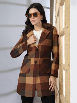 Juelle - Women Brown Checked Notched Lapel Collar Single-Breasted Coat