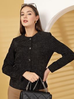 Juelle - Black Single-Breasted Round Neck Long Sleeves Short Coat