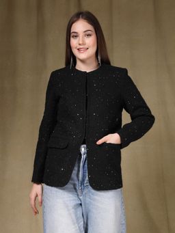 Juelle - Women Black Self Design Round Neck Coat