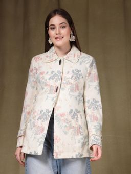 Juelle - Off White Plus Size Floral Printed Spread Collar Coat