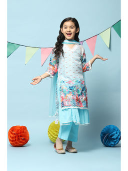 Biba - Girls Off White Printed Polyester Straight Kurta (Set of 4)
