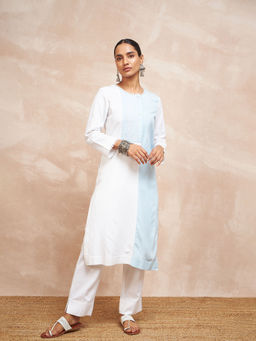 STADO - White and Light Blue Colorblock Kurta with Pant (Set of 2)