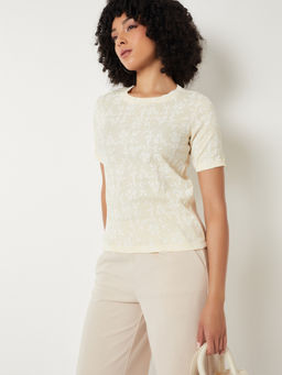max - Beige Embroidered Round Neck T-Shirt