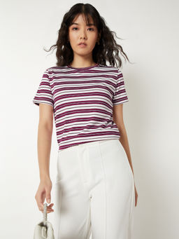 max - Maroon Stripes Round Neck T-Shirt