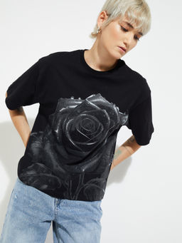 max - Black Printed Round Neck T-Shirt