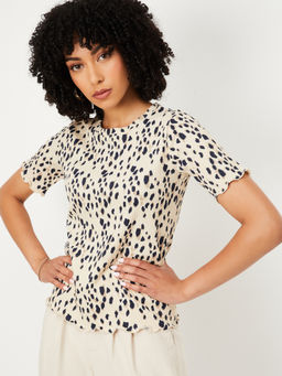 max - Beige Printed Round Neck T-Shirt