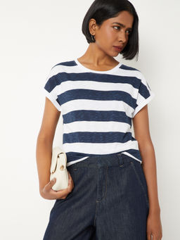 max - Navy Blue Stripes Round Neck T-Shirt