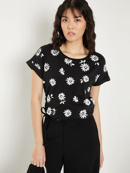 max - Black Floral Round Neck T-Shirt