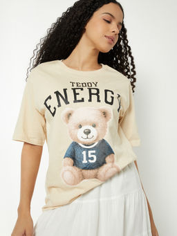 max - Beige Printed Round Neck T-Shirt