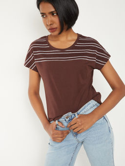 max - Brown Stripes Round Neck T-Shirt