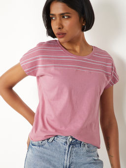 max - Pink Stripes Round Neck T-Shirt