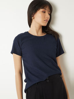 max - Navy Blue Textured Round Neck T-Shirt