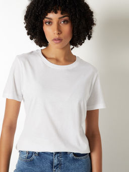 max - White Solid/Plain Round Neck T-Shirt