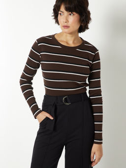 max - Brown Stripes Round Neck T-Shirt