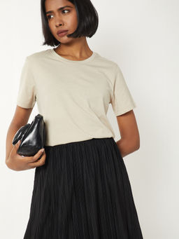 max - Beige Solid/Plain Round Neck T-Shirt