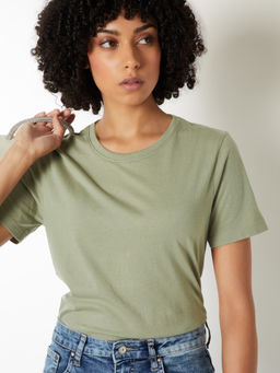 max - Green Solid/Plain Round Neck T-Shirt