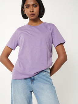 max - Lavender Solid/Plain Round Neck T-Shirt