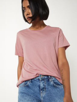 max - Pink Solid/Plain Round Neck T-Shirt