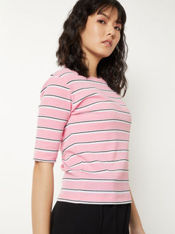 max - Pink Stripes Round Neck T-Shirt