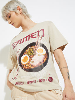 max - Beige Graphic Round Neck T-Shirt