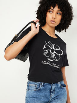 max - Black Floral Round Neck T-Shirt