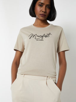 max - Beige Typography Round Neck T-Shirt