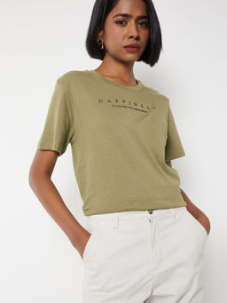 max - Olive Typography Round Neck T-Shirt