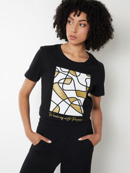max - Black Printed Round Neck T-Shirt