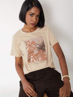 max - Beige Printed Round Neck T-Shirt
