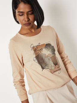 max - Beige Graphic Round Neck T-Shirt