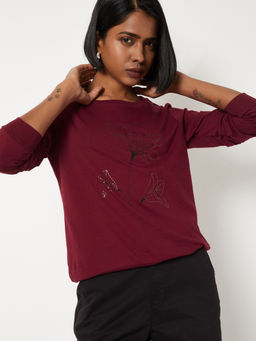max - Maroon Embellished/Sequined Round Neck T-Shirt