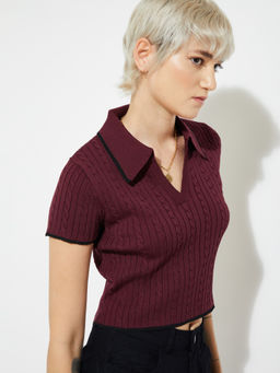 max - Maroon Textured Collar Neck Polo T-Shirt