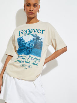 max - Beige Printed Round Neck T-Shirt