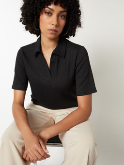 max - Black Textured Collar Neck Polo T-Shirt