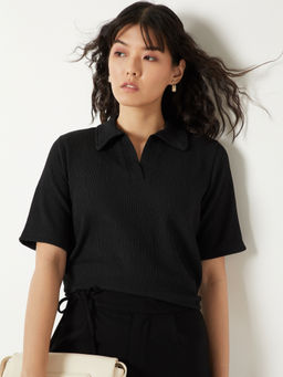 max - Black Textured Round Neck Polo T-Shirt